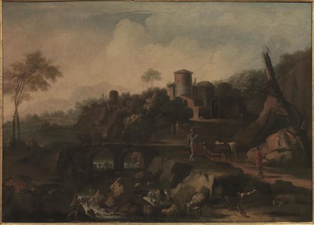 Pittore nordico a Roma, sec. XVIIPAESAGGIO CON PASTORI E VIANDANTIolio su...