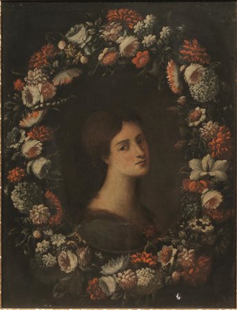 Scuola toscana, secc. XVII-XVIIIVOLTO DI FANCIULLA ENTRO GHIRLANDA DI...