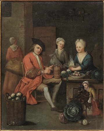 Cerchia di Jan Josef Horemans, sec. XVIIIINTERNO DI LOCANDA CON FIGUREolio su...