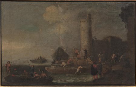 Scuola toscana, sec. XVII VEDUTA DI PORTO CON FIGURE olio su tela, cm 31x48...