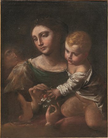 Pittore bolognese, sec. XVIIMADONNA CON BAMBINO E DUE FIGURE IN...