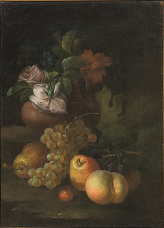Scuola emiliana, sec. XVIIIVASO DI FIORI CON FRUTTACESTA CON FICHI, UVA E...