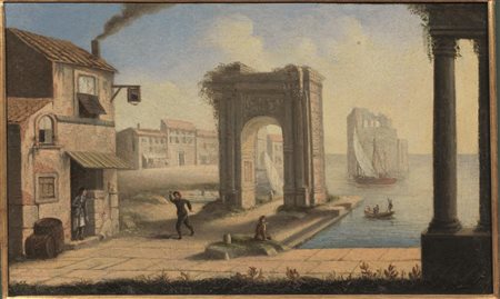 Scuola Italia centro-meridionale, sec. XIX VEDUTA COSTIERA CON ARCHITETTURE...