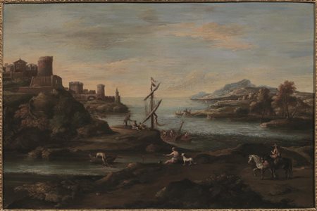 Scuola veneta, secc. XVII-XVIII PAESAGGIO COSTIERO CON PESCATORI E CAVALIERE...