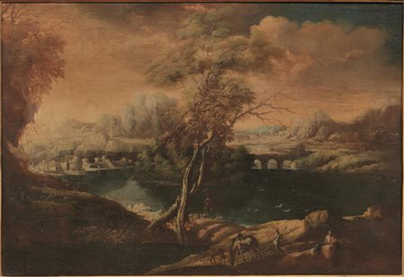 Scuola veneta, inizi sec. XVIII PAESAGGIO FLUVIALE CON VIANDANTI E PAESE...