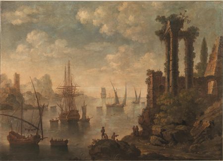 Scuola francese, fine sec. XVIII PAESAGGIO COSTIERO CON VELIERI E ROVINE...