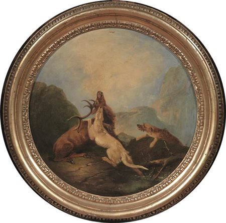 Scuola nordeuropea, sec. XIXCACCIA AL CERVOolio su tavola, diam. cm 57