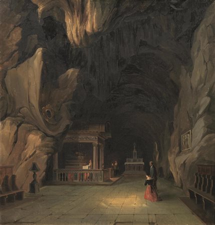 Vincenzo Abbati (Napoli 1803 - Firenze 1866) INTERNO DI GROTTA CON CAPPELLA...