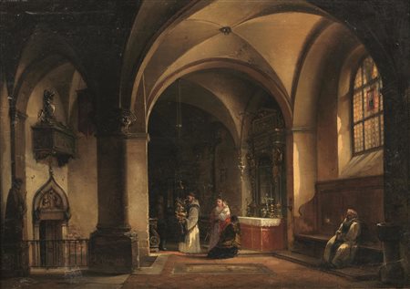 Federico Moja (Milano 1802 - Dolo (Venezia) 1885) INTERNO DI CAPPELLA olio su...
