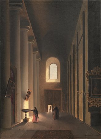 Vincenzo Abbati (Napoli 1803 - Firenze 1866) INTERNO DI CHIESA olio su tela,...