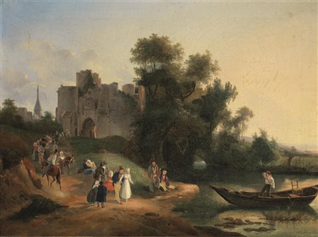 Scuola Olandese del sec. XIX PROCESSIONE DI SPOSI olio su tela, cm 50x66 &nbsp;