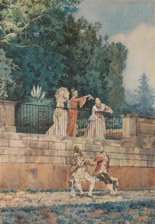 Pietro Gabrini (Roma 1856 - 1926) FIGURE IN UN GIARDINO acquerello su carta,...