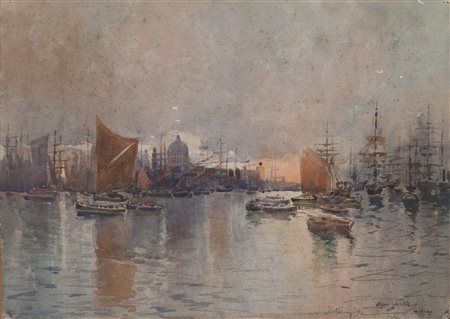 Gino Scalatelli (attivo nei secoli XIX e XX) IL TAMIGI. IL PONTE DI LONDRA...