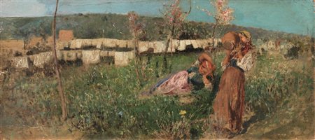 Tito Pellicciotti (Barisciano1871 - 1950) IL RIPOSO DELLE LAVANDAIE olio su...