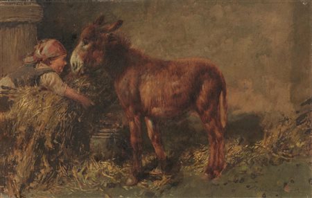 Tito Pellicciotti (Barisciano 1871 - 1950) ASINELLO NELLA STALLA olio su...