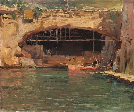 Nicolas De Corsi (Odessa 1882 - Napoli 1956) BARCA A MARE olio su tavoletta,...