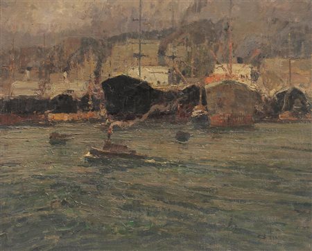Alessandro Lupo (Torino 1876 - Torino 1953) NAVI IN PORTO olio su tela, cm...