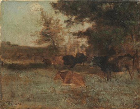 Federico Rossano (Napoli 1835 - 1915) MUCCHE AL PASCOLO olio su tavoletta, cm...