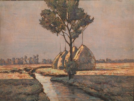 Gino Romiti (Livorno 1881 - 1967) PAESAGGIO CON COVONI olio su compensato, cm...