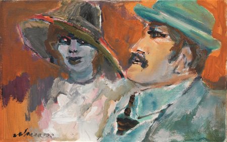 Mino Maccari (Siena 1898 - Roma 1989) LA COPPIA olio su tela, cm 24,5x40...