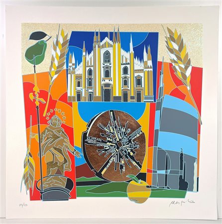 UGO NESPOLO, 70 X 70 cm, Titolo: "Milano" Serigrafia e glitter su cartoncino...