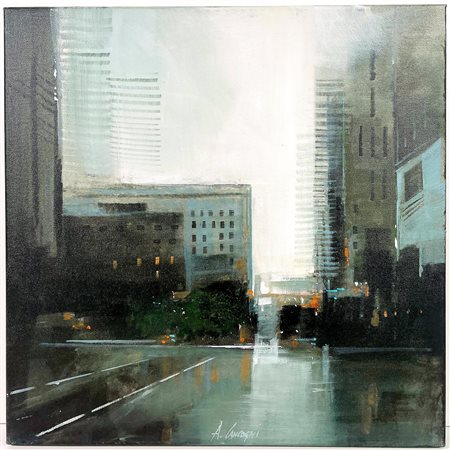 AGOSTINO CANCOGNI, 50 X 50 cm, ”Città”, olio su tela, firma e titolo a retro