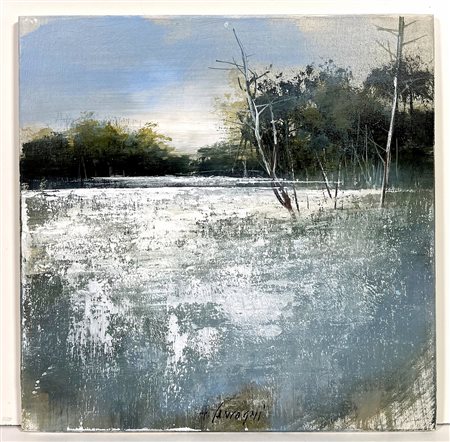 AGOSTINO CANCOGNI, 30 X 30 cm, ”Inverno”, olio su tavola, firma e titolo a retro,...