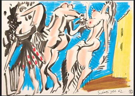 RICCARDO SCHWEIZER, 32 X 44,1 cm, pastelli e acquarello su carta, Firma e...