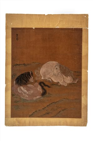 Dipinto su tela raffigurante due cavalli accovacciati, nello stile di Zhao Mengfu. Cina, secolo XVIII/XIX