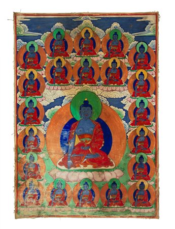 Thangka raffigurante il Buddha Śākyamuni con discepoli. Tibet – Cina, secolo XIX