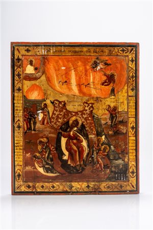 Icona a tempera e fondo oro su tavola raffigurante l’ascesa infuocata del profeta Elia e scene della sua vita. Russia, XIX secolo