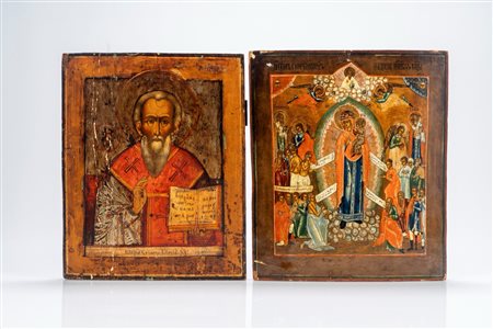 Due icone su tavola raffiguranti San Nicola Taumaturgo e Madre di Dio Gioia di tutti gli afflitti. Russia, secolo XIX