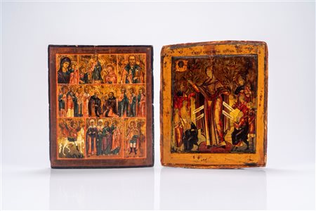 Due icone su tavola raffiguranti Vergine Goia di tutti gli afflitti e Discesa di Cristo agli inferi e santi. Russia, secolo XIX