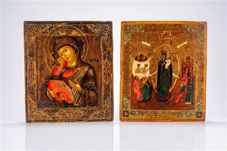 Due icone su tavola raffiguranti la Madonna della Tenerezza e la Madre di Dio “Gioia di tutti gli afflitti”. Russia, fine XIX secolo