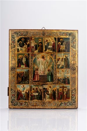 Icona su tavola raffigurante le Dodici Grandi Feste. Russia, XIX secolo