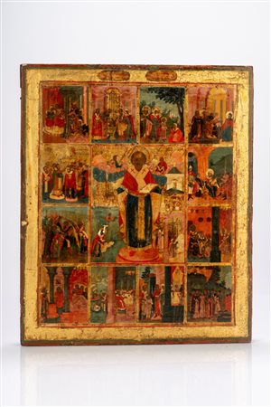 Icona a fondo oro e tempera su tavola raffigurante san Nicola di Mozhaisk con scene della sua vita, Russia, XIX secolo
