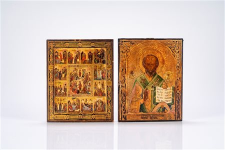 Due icone su tavola raffiguranti la Resurrezione di Cristo con la Discesa agli inferi e le Dodici Feste, e san Nicola di Mira il Taumaturgo. Russia, X […]