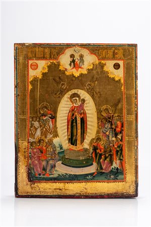 Icona a tempera e fondo oro su tavola raffigurante la Madre di Dio “Gioia di tutti gli afflitti”. Russia, XIX secolo