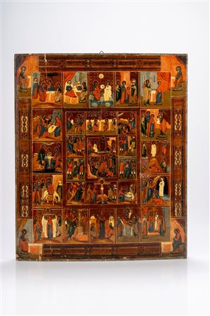 Icona su tavola raffigurante le Sedici Feste con ciclo della Passione. Russia, XIX secolo