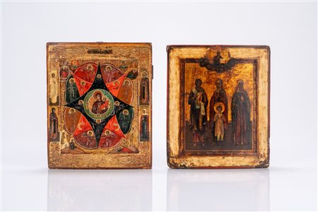 Due icone su tavola raffiguranti la Vergine del Roveto Ardente e Santi. Russia, XIX secolo