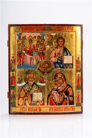 Icona quadripartita a fondo oro e tempera su tavola raffigurante la Dormitio Virginis, Cristo Pantocratore, san Nicola Taumaturgo e la Madonna di Vlad […]