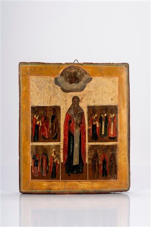 Icona su tavola raffigurante santi. Russia, fine secolo XVIII