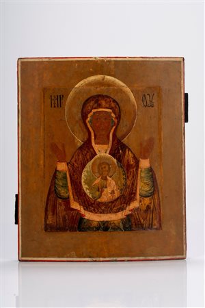 Icona su tavola raffigurante la Vergine del Segno o Blachernitissa. Russia, XIX secolo