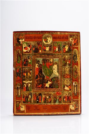 Icona a tempera e foglia d'oro su tavola raffigurante la Resurrezione di Cristo e le sedici festività. Russia, fine secolo XIX