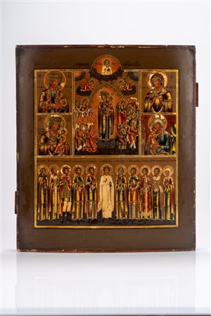 Icona esapartita raffigurante la Madre di Dio “Gioia di tutti gli afflitti” e l’Arcangelo con schiera di santi. Russia, XIX secolo