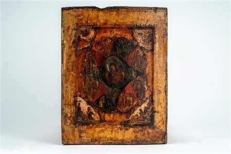 Tre icone su tavola: una raffigurante la Madonna del Roveto Ardente, una mariana quadripartita e una con i tre santi martiri. Russia, fine XIX secolo