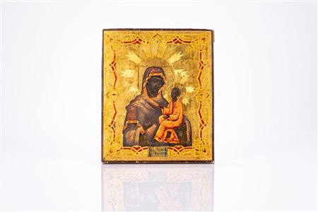 Icona a fondo oro e tempera su tavola raffigurante la Madre di Dio di Tichvin. Russia, inizio XX secolo