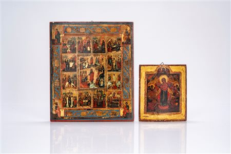 Due icone su tavola raffiguranti le Dodici Feste e Madre di Dio gioia di tutti gli afflitti. Russia, secolo XIX