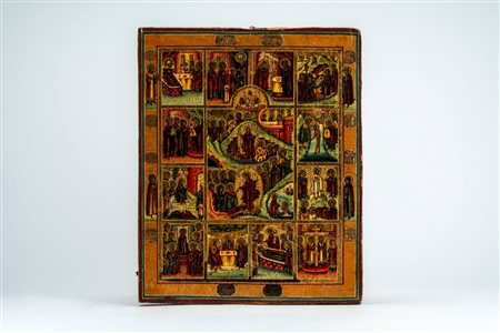 Tre icone su tavola raffiguranti le Dodici Grandi Feste, la Madre di Dio di Kazan e la Madre di Dio di Iviron. Russia, fine XIX secolo