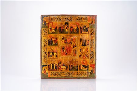 Icona su tavola raffigurante la Resurrezione di Cristo e la Discesa agli inferi con le Dodici Grandi Feste. Russia, fine XIX secolo